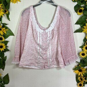 Vintage Gunne Sax, Pink White, Floral, 1970, Cottage Core Victorian Top SZ M